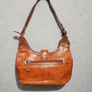M.C. Brown Crocodile Pattern Embossed Leather Shoulder Handbag Silver accent